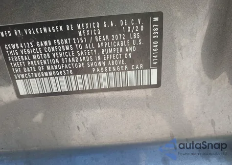 2021 Volkswagen Jetta 1.4T R-Line/1.4T S/1.4T Se z USA, uszkodzony, nr VIN 3VWC57BU8MM006376